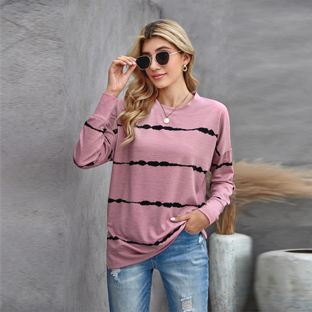 Women's Loose Long-Sleeved Hoodless Striped Printed Sweater