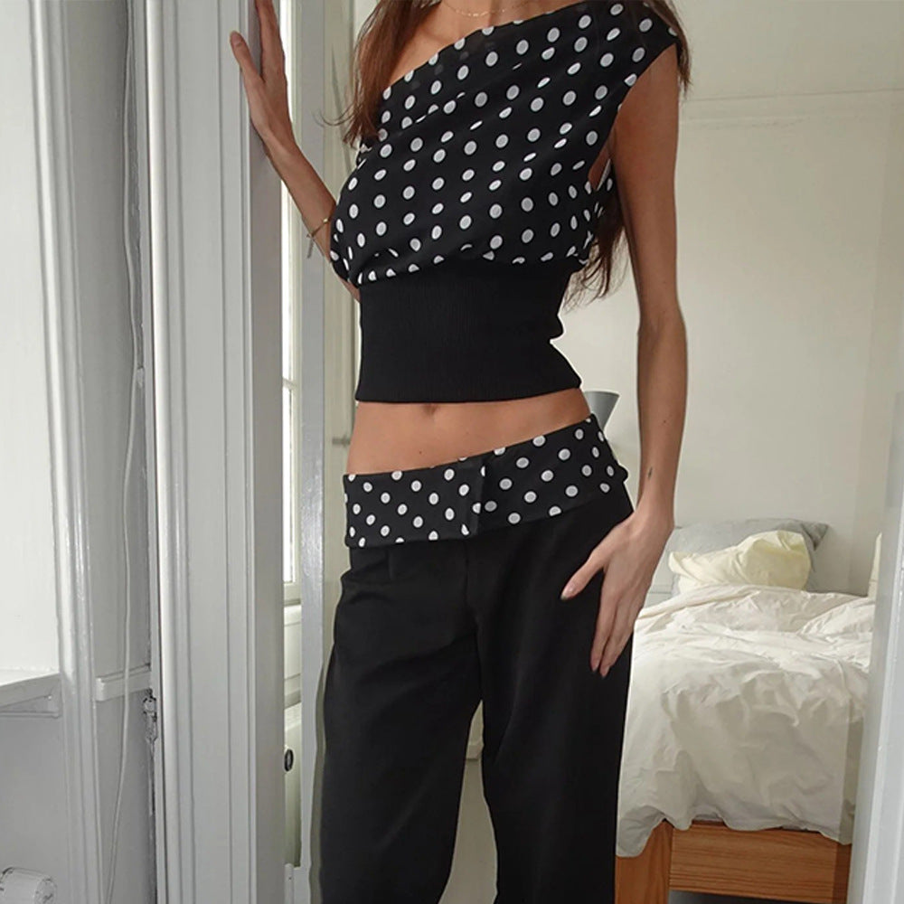 Polka Dots Print Oblique Shoulder Tops