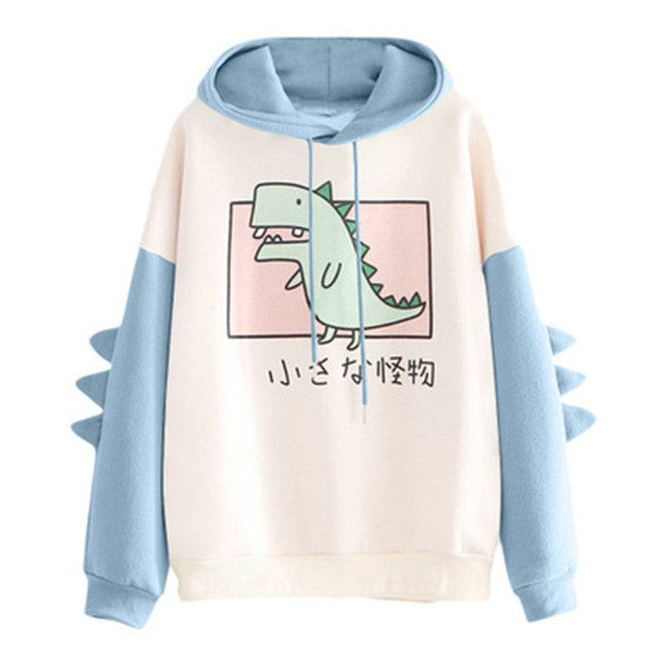 Dinosaur Print Hooded Drawstring Loose Plus Velvet Sweater Women