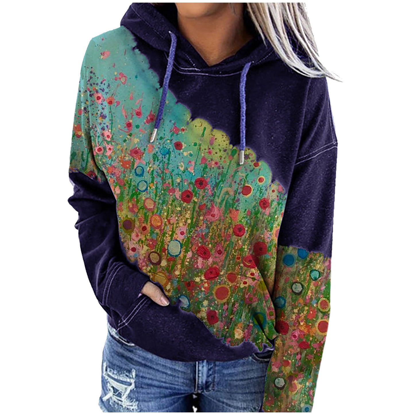 Flower print hooded long-sleeved sweatshirt