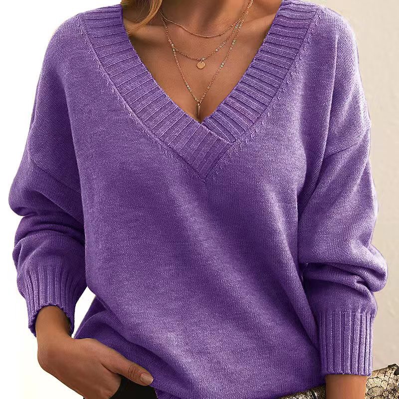 Solid V-neck Sweater Fashion Loose Long-sleeved Knitted