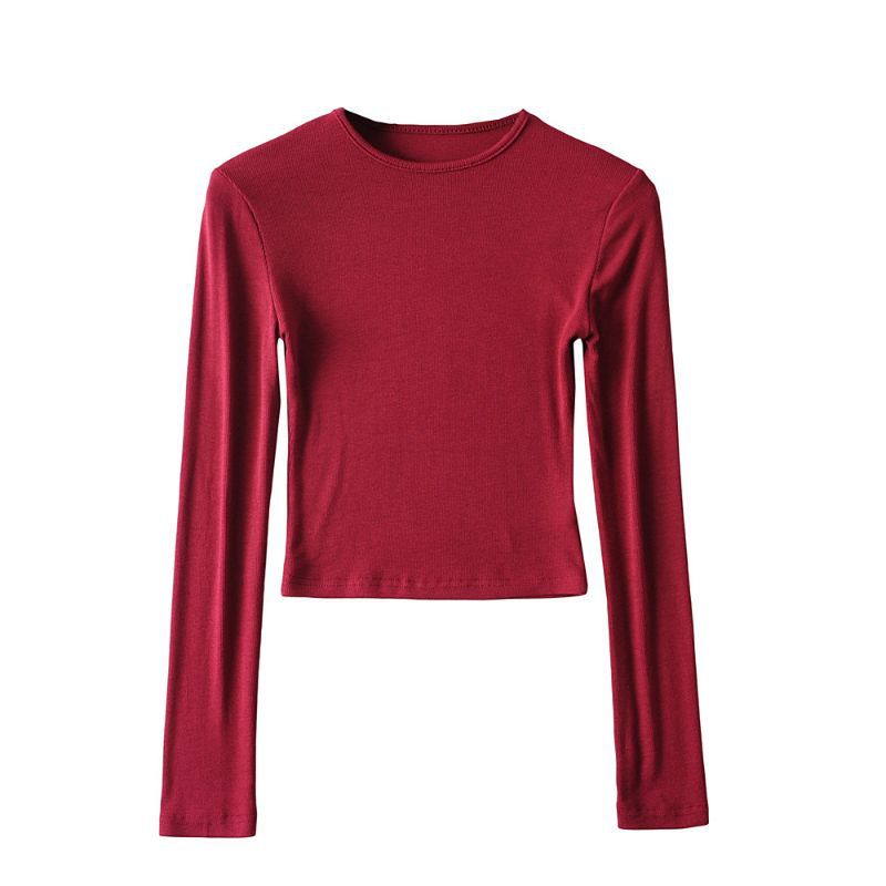 Turtleneck Round Neck Long Sleeve Slim Fit Short High Waist Women's T-shirt