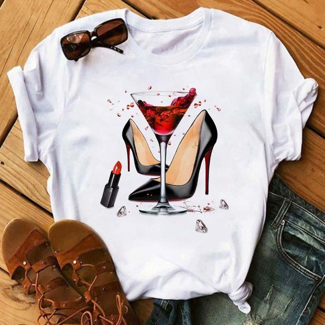 Short Sleeve T-Shirt Fashion High Heels Print