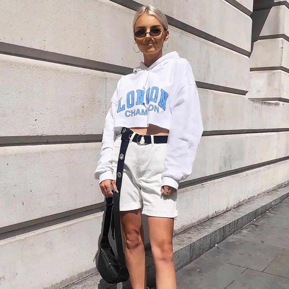 Long Sleeve Short Sweatshirt Blue Letter White Hooded Cropped Hoodies