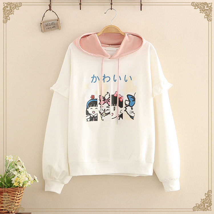 Ruffles Patchwork Cartoon Print Casual Hoodies Cotton Hooded