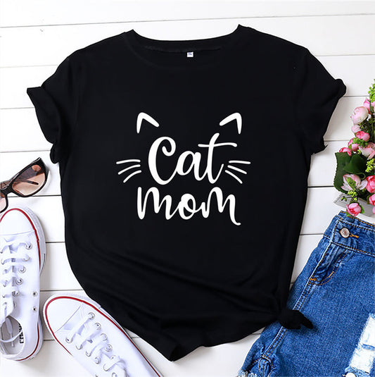 CAT MOM Printed Short-sleeved Cotton T-shirt