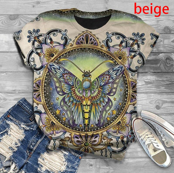 Women's Fashion Floral Butterfly Print Fitness Short-Sleeved T-Shirt Top