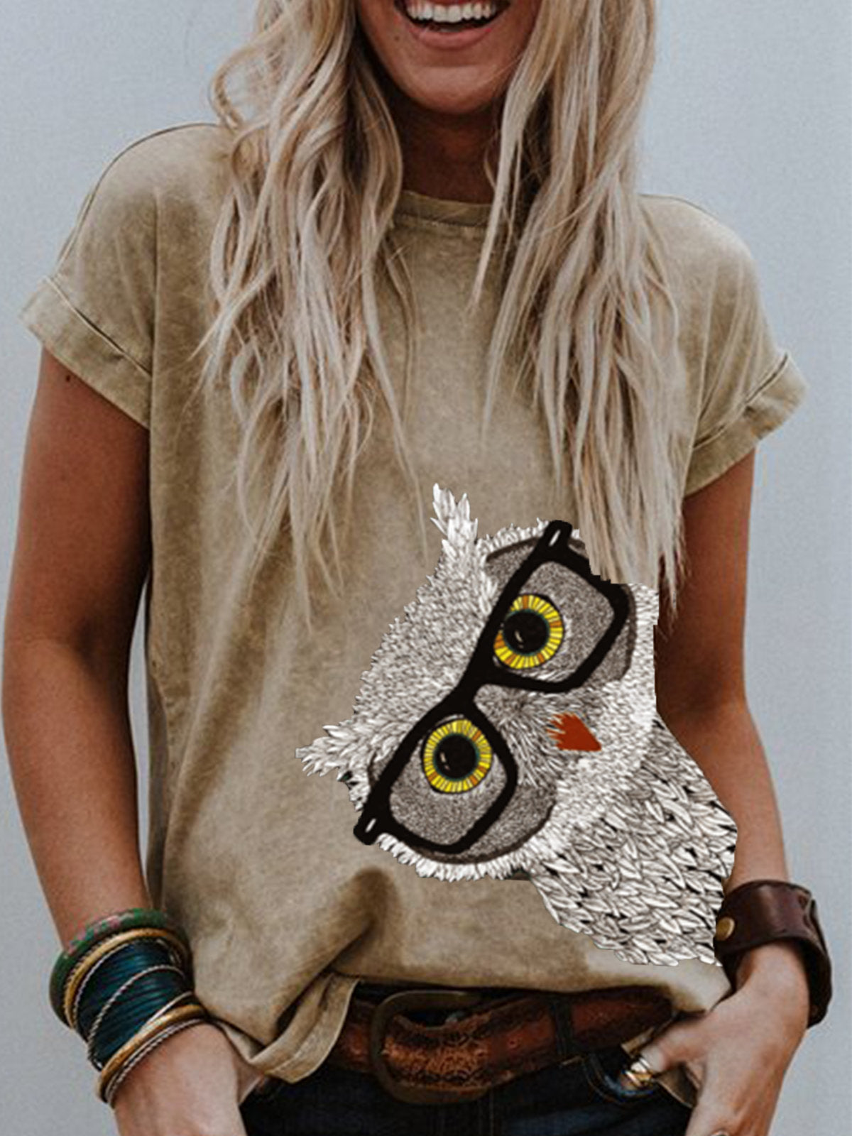 Short Sleeve Owl Print T Shirt Women