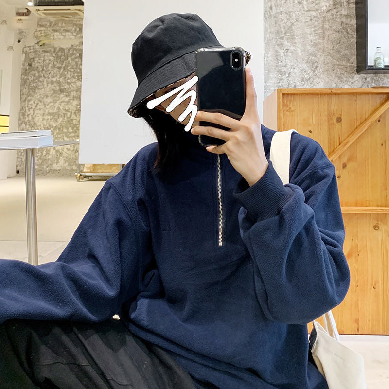 Plush Thick Stand-Up Collar Zipper Casual Sweater