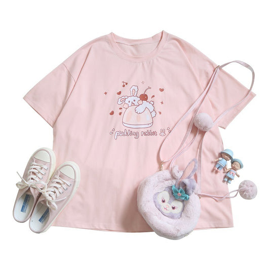 Pink Short Sleeve Printing  T-shirt Cartoon Print Girls T-shirt Women