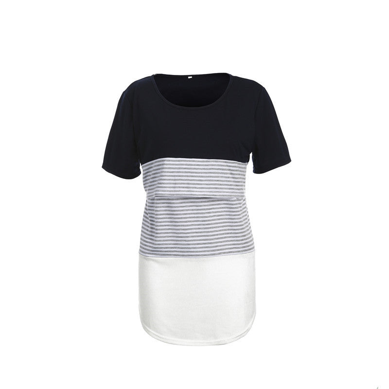 Striped Stitching Short Sleeve Breastfeeding T-shirt for Pregnant Women