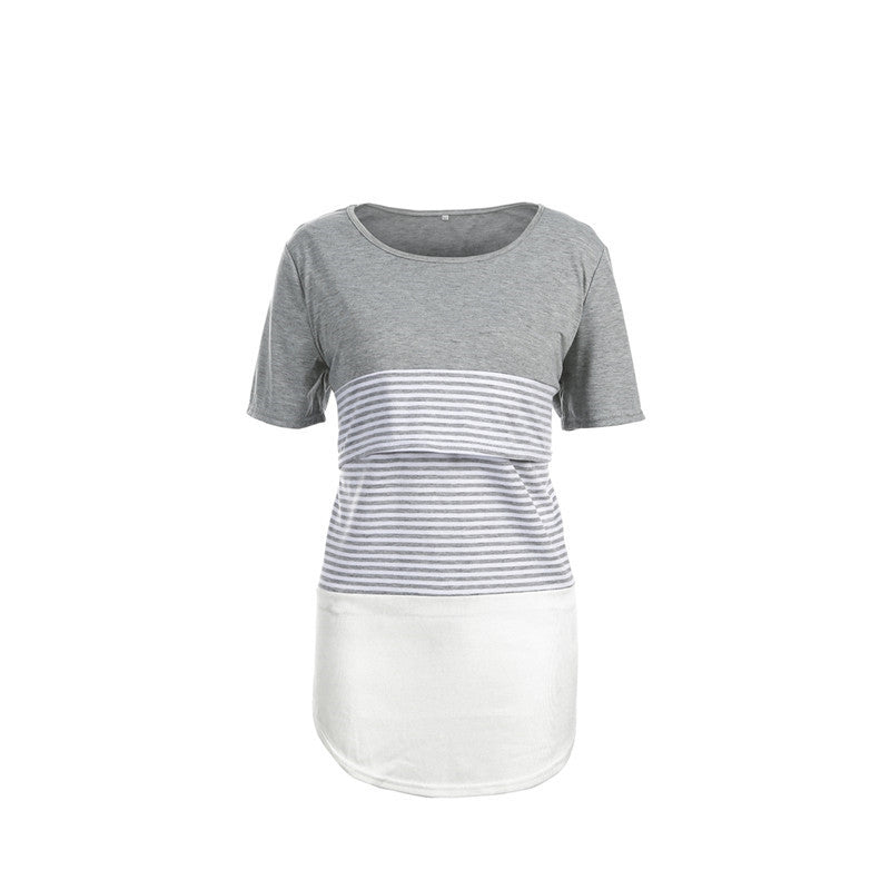 Striped Stitching Short Sleeve Breastfeeding T-shirt for Pregnant Women