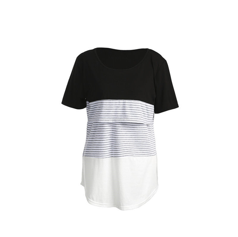 Striped Stitching Short Sleeve Breastfeeding T-shirt for Pregnant Women