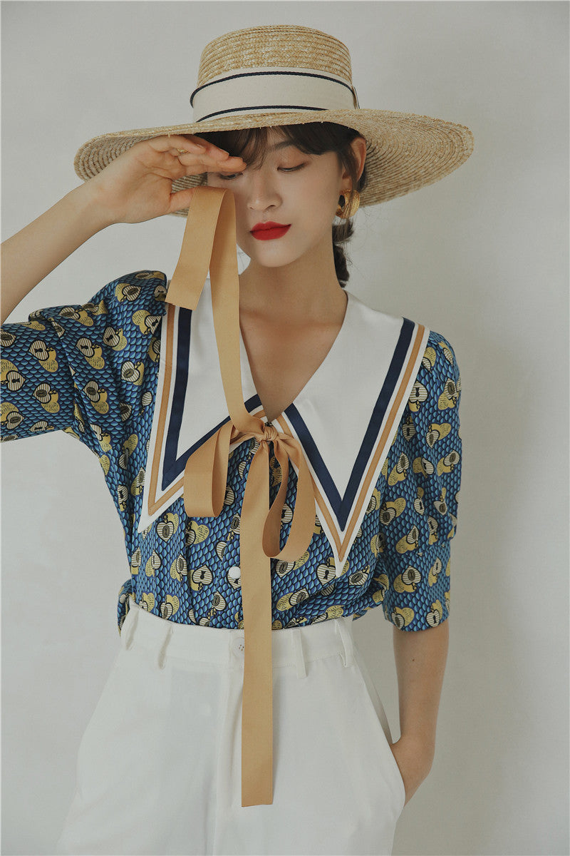 Blue Printed Short-sleeved Shirt Women