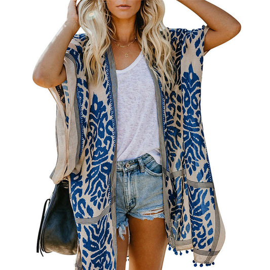 Bali Beach Resort Cardigan Printing Pompoms Kimono Blouses