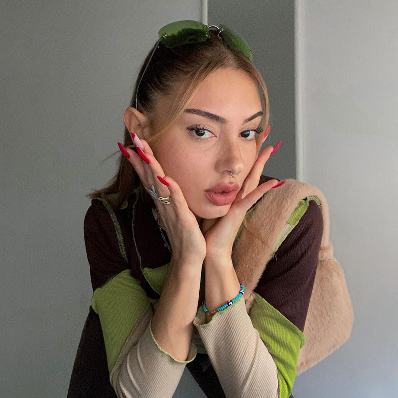 Nibber Round Neck Contrast Patchwork Long Sleeve Sexy Crop Tops