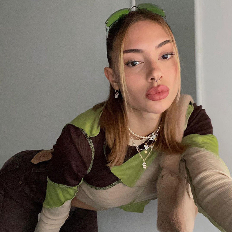 Nibber Round Neck Contrast Patchwork Long Sleeve Sexy Crop Tops