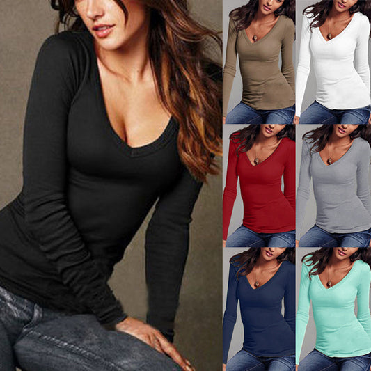 Personalized Fashion V-Neck Solid Color All-Match Blouse T-Shirt Bottoming Shirt