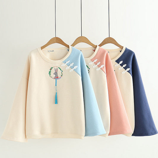 Japanese cartoon rabbit embroidery pullover and velvet sweater