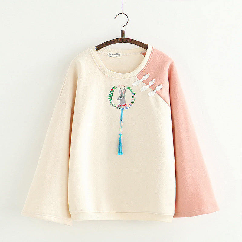 Japanese cartoon rabbit embroidery pullover and velvet sweater