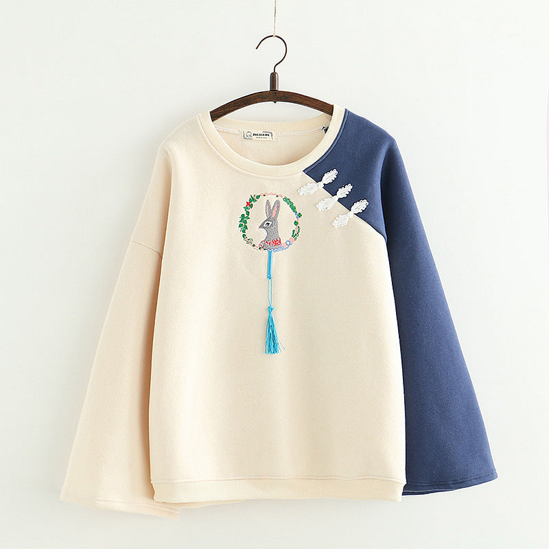 Japanese cartoon rabbit embroidery pullover and velvet sweater