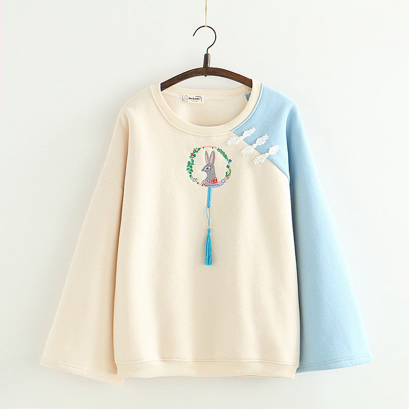 Japanese cartoon rabbit embroidery pullover and velvet sweater