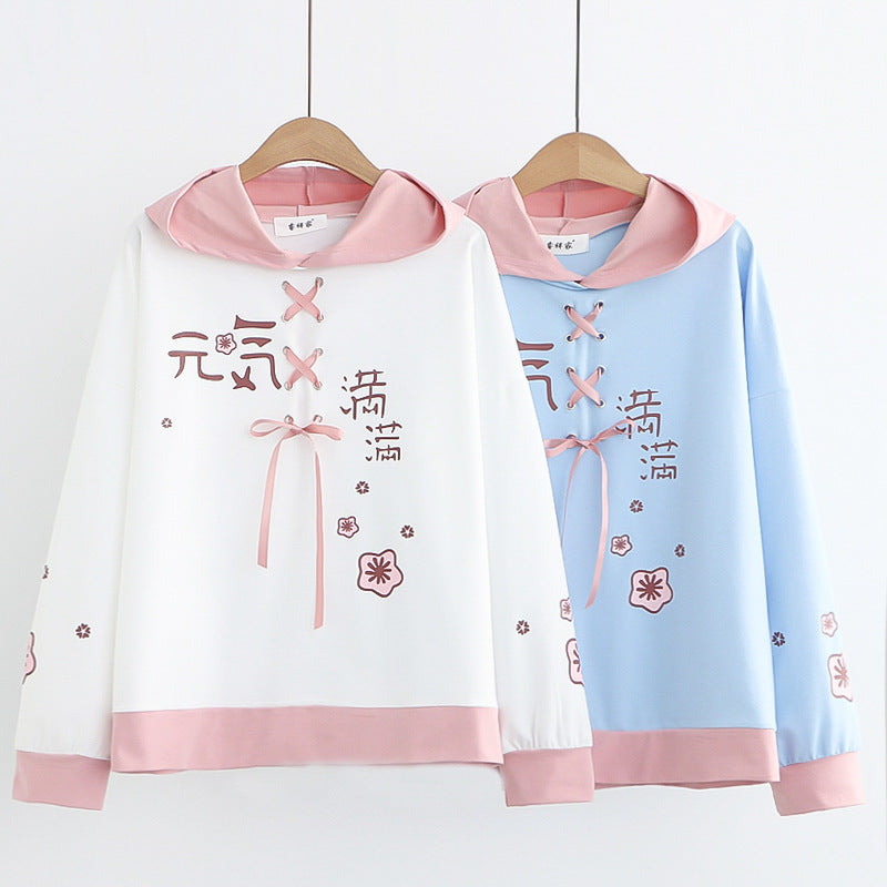 Lace-up Hooded Loose-fit Women's Sweater