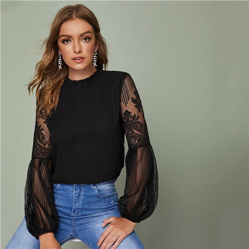 Lace See-Through Elegant Ladies Blouse