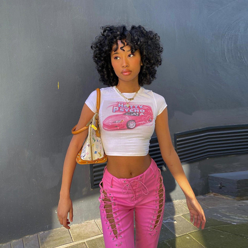 Skinny Women Graphic T-shirt Belly Button Trend O-Neck