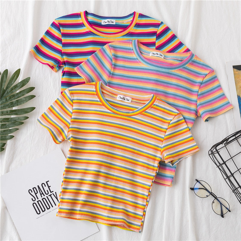 Crop T-shirt Women Short Short Sleeve Rainbow Stripe