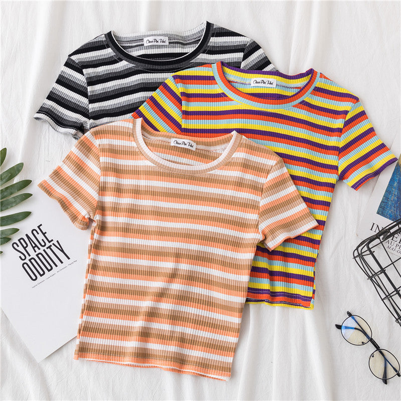 Crop T-shirt Women Short Short Sleeve Rainbow Stripe