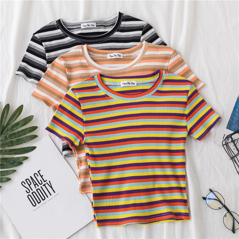 Crop T-shirt Women Short Short Sleeve Rainbow Stripe