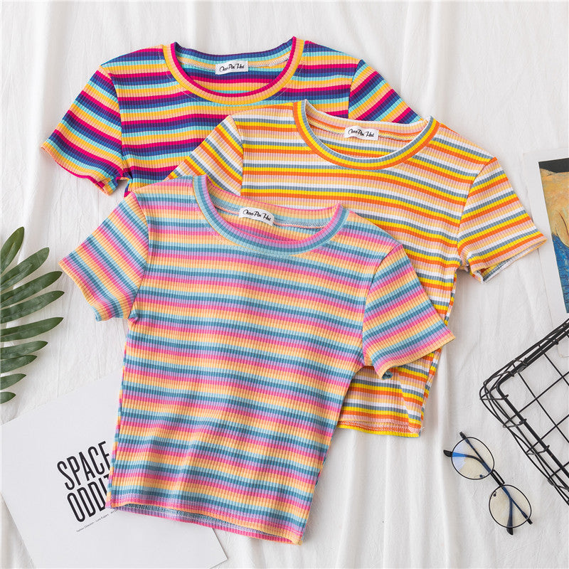 Crop T-shirt Women Short Short Sleeve Rainbow Stripe