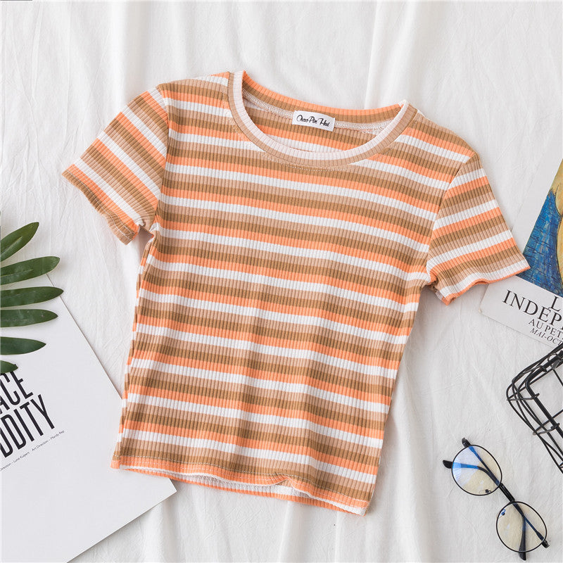 Crop T-shirt Women Short Short Sleeve Rainbow Stripe