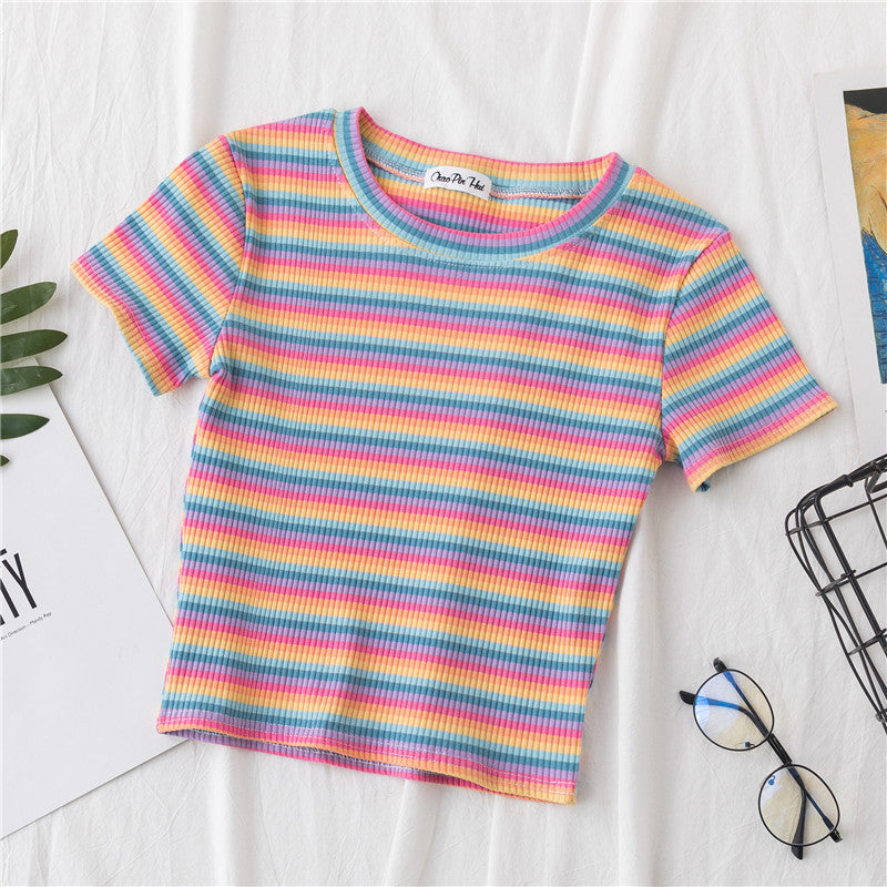 Crop T-shirt Women Short Short Sleeve Rainbow Stripe