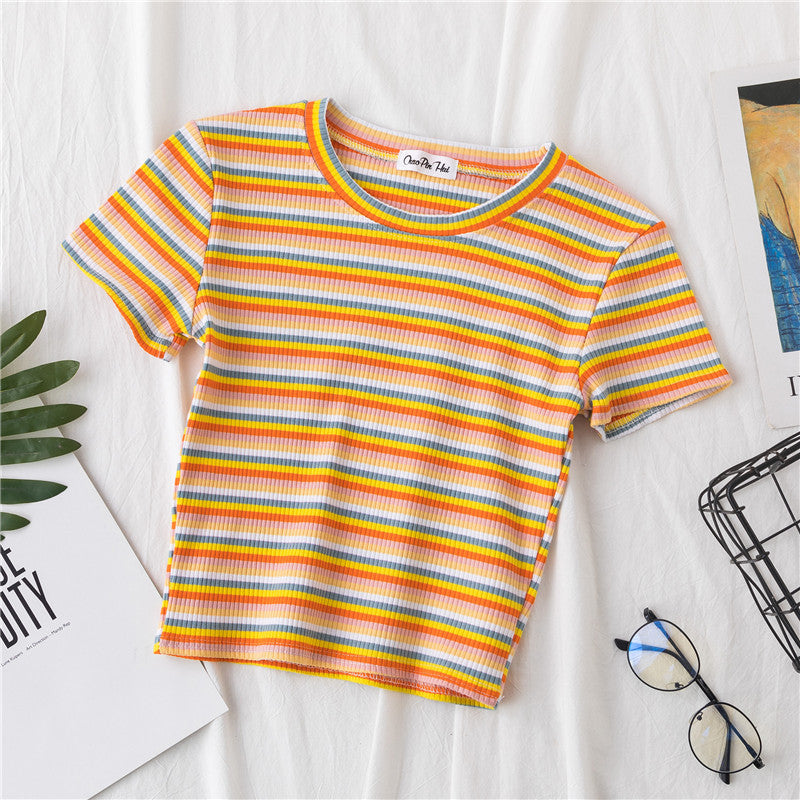 Crop T-shirt Women Short Short Sleeve Rainbow Stripe