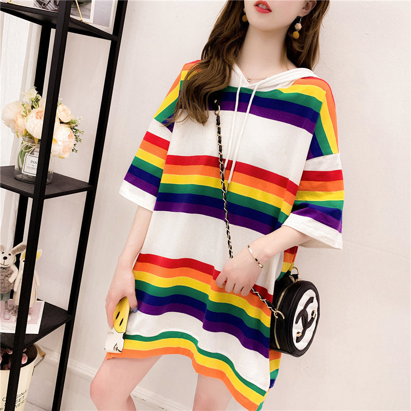 Harajuku Rainbow Stripe Hoodies Women