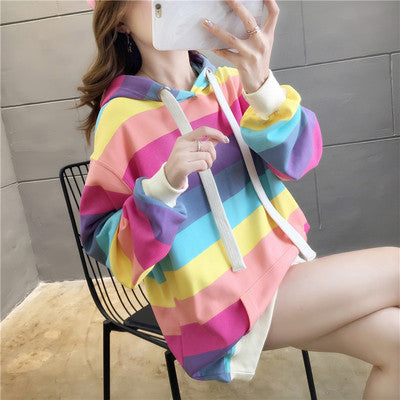 Harajuku Rainbow Stripe Hoodies Women