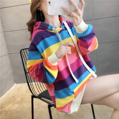 Harajuku Rainbow Stripe Hoodies Women