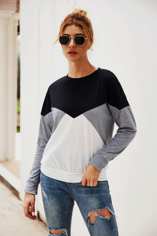 Long-sleeved Stitching Contrast Casual Top