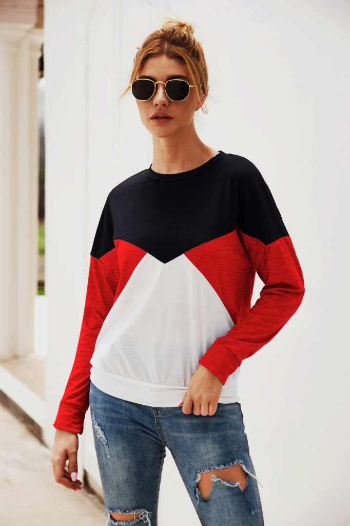 Long-sleeved Stitching Contrast Casual Top