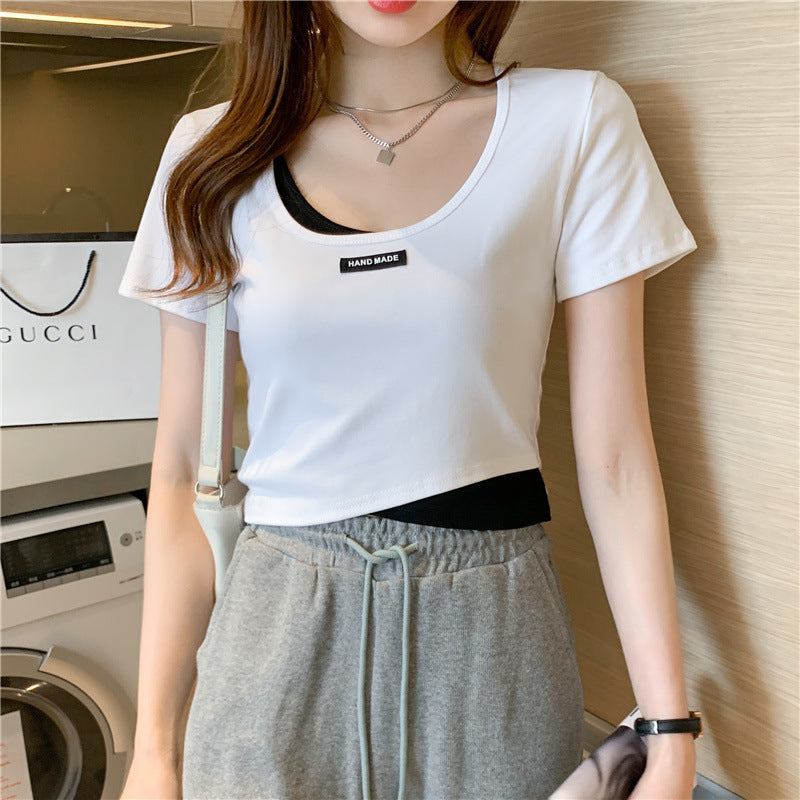 Hong Kong Style Simple Short Fake Two Short-sleeved T-shirts