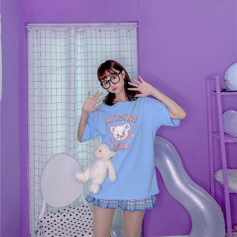 Bear Blue Print Short-sleeved T-shirt