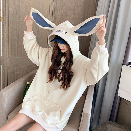 Sweet Cute Preppy Style Rabbit Ears Plus Velvet Thick Hoodies