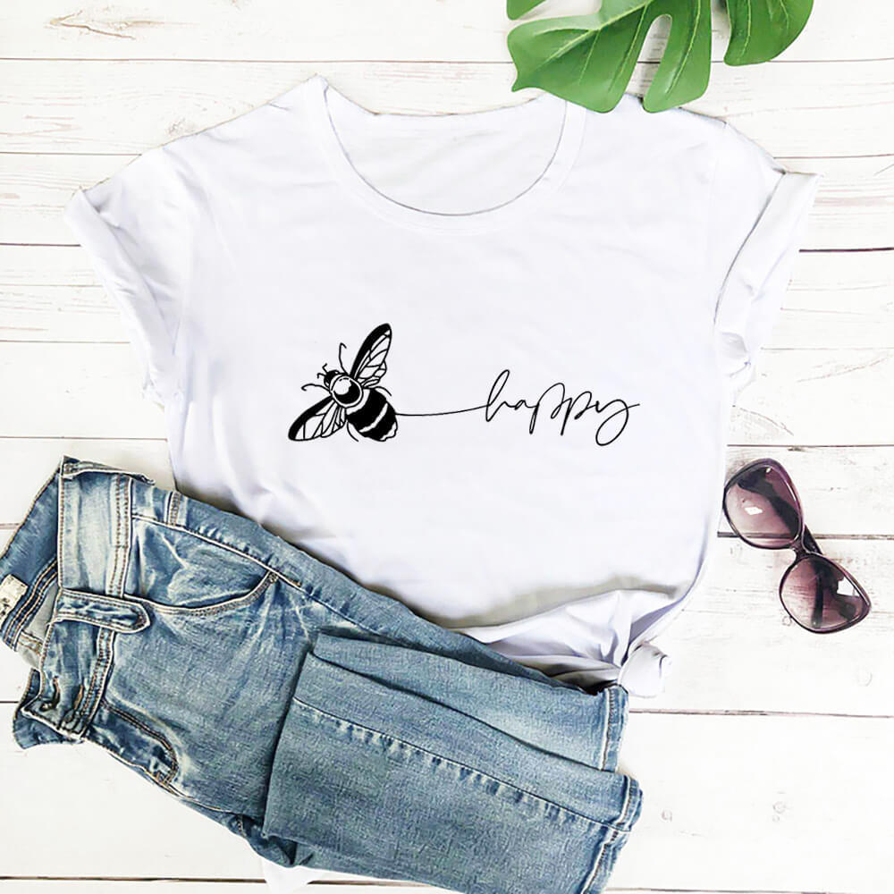 Bee Print T-Shirt Round Neck Short-Sleeved T-Shirt