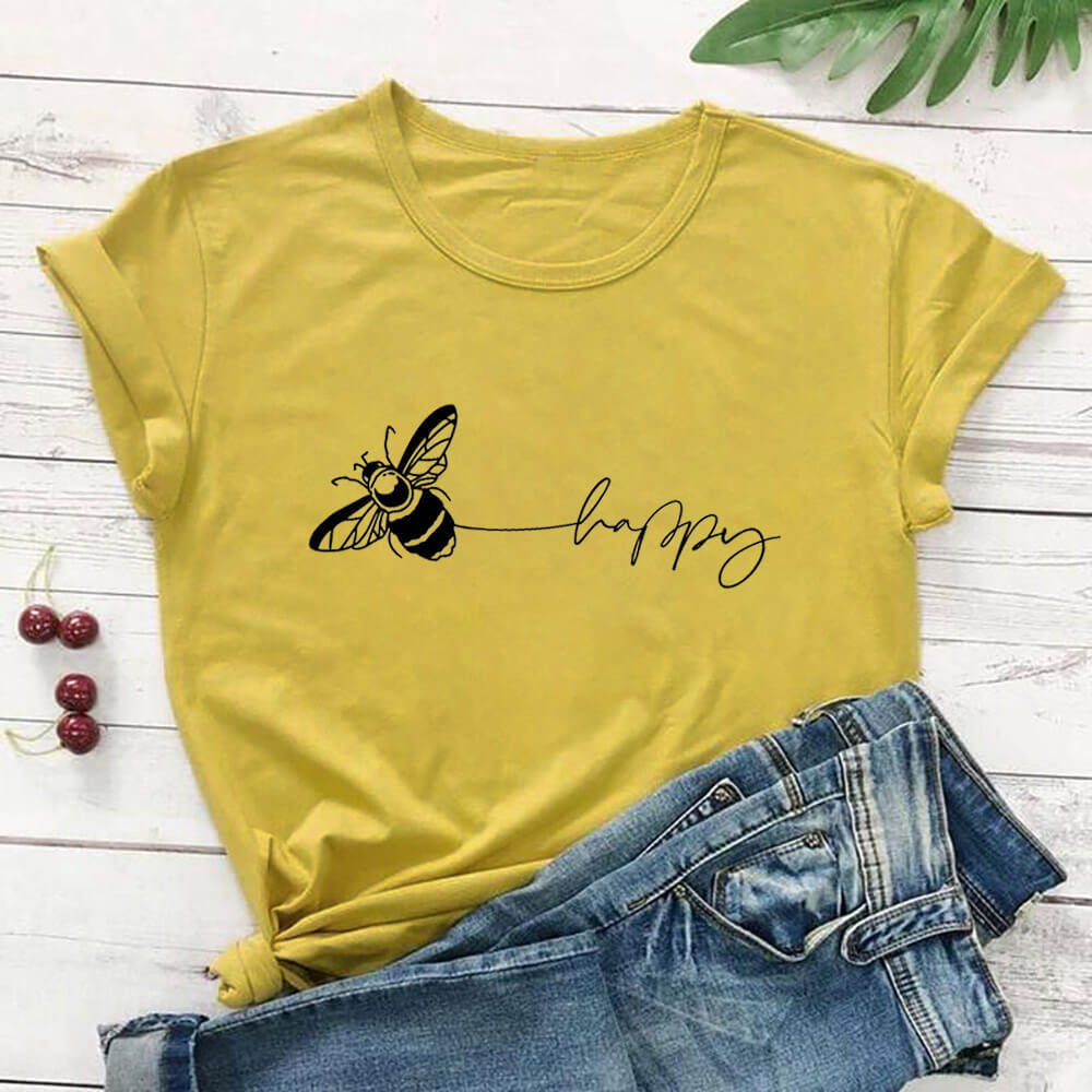 Bee Print T-Shirt Round Neck Short-Sleeved T-Shirt