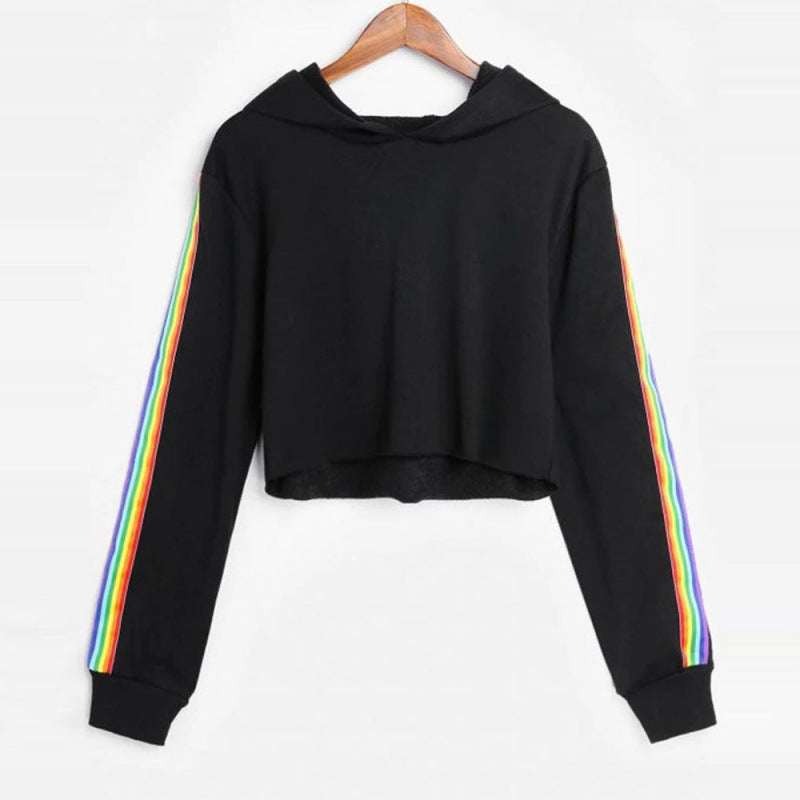 Sweatshirts Female Hoodie Rainbow Striped Crop Sweatshirt