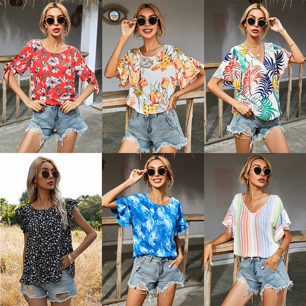 Round Neck Chiffon Five-Point Sleeve Floral Short-Sleeved T-Shirt Women