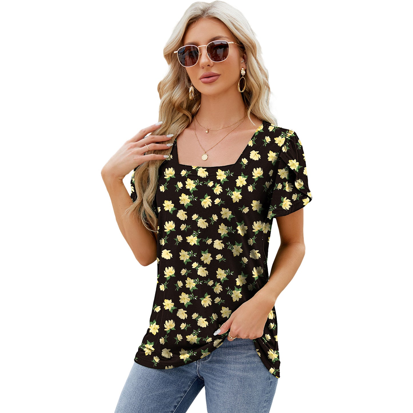 Summer Top Fashion Square Neck Printed Short-sleeved T-shirt