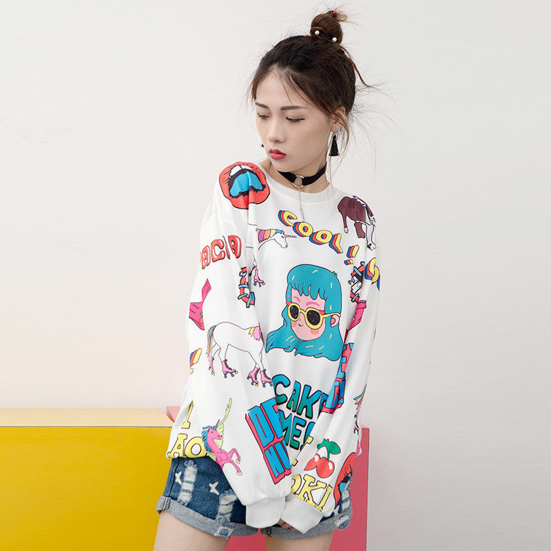 Harajuku Style Full Letter Polyester Loose Long-Sleeved Round Neck Sweater